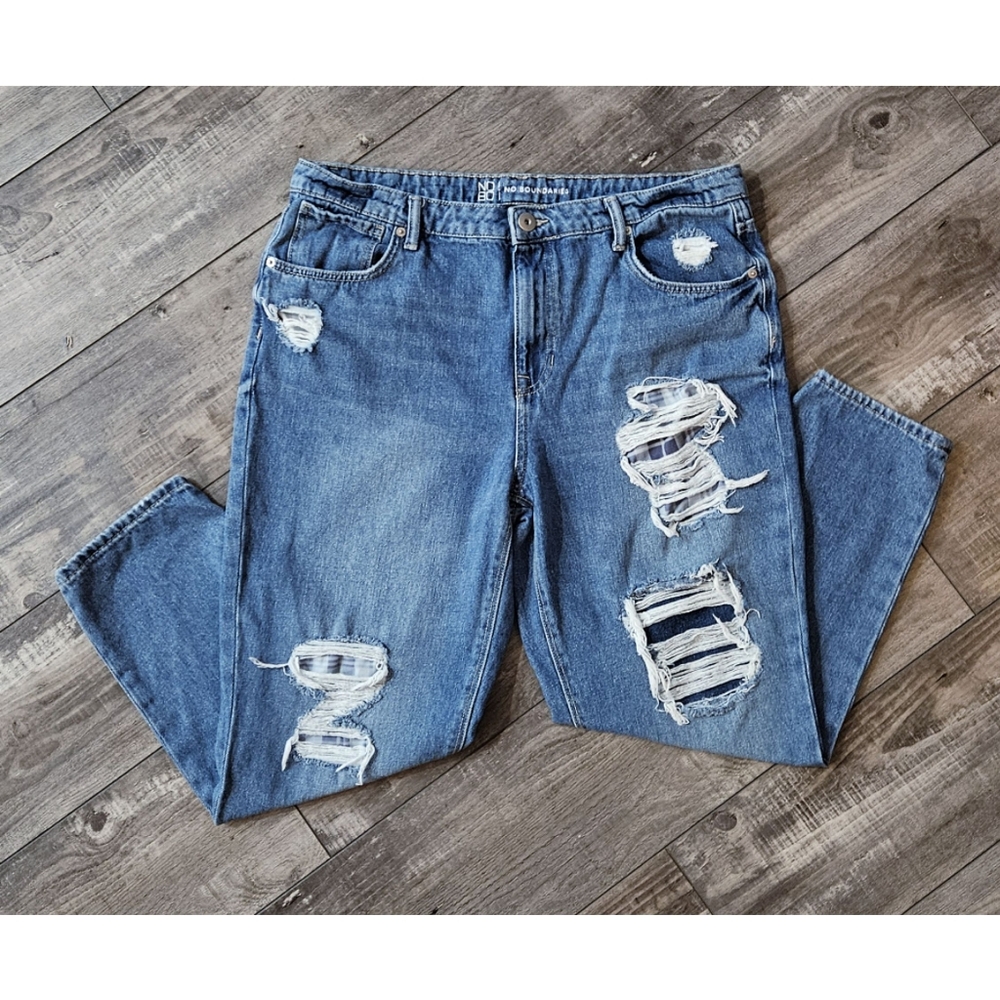Plaid Underlayer Upcycled Destroyed Medium Wash Jeans Size 17